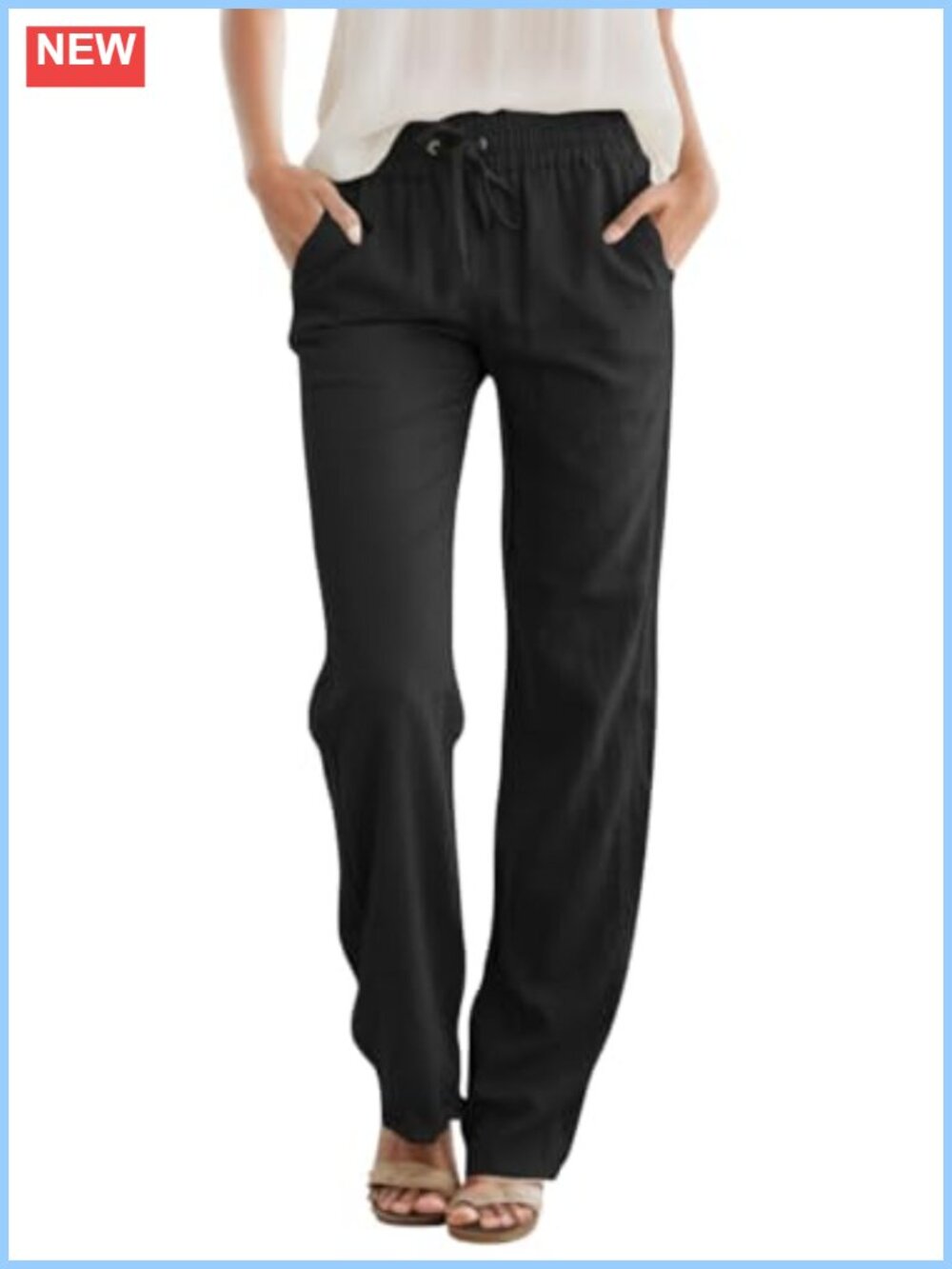 High Waist Linen Casual Pants Drawstring Loose Fit Side Pockets